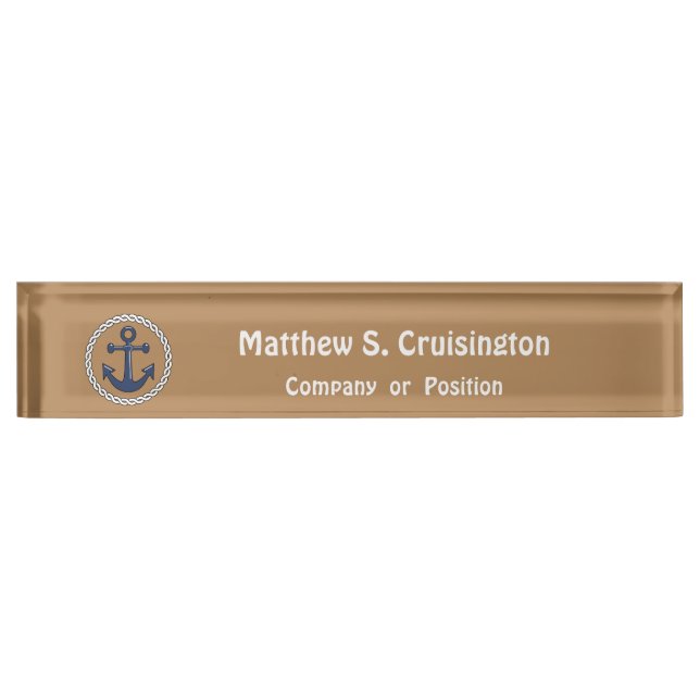 Anchor in Rope on Tan Personalized Nautical Desk Name Plate (Front)