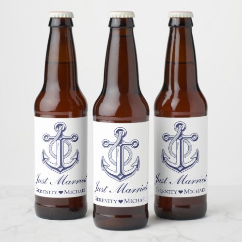 Anchor Just Married Navy Blue Nautical Wedding Beer Bottle Label