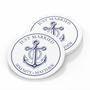 Anchor Just Married Navy Blue Nautical Wedding Classic Round Sticker