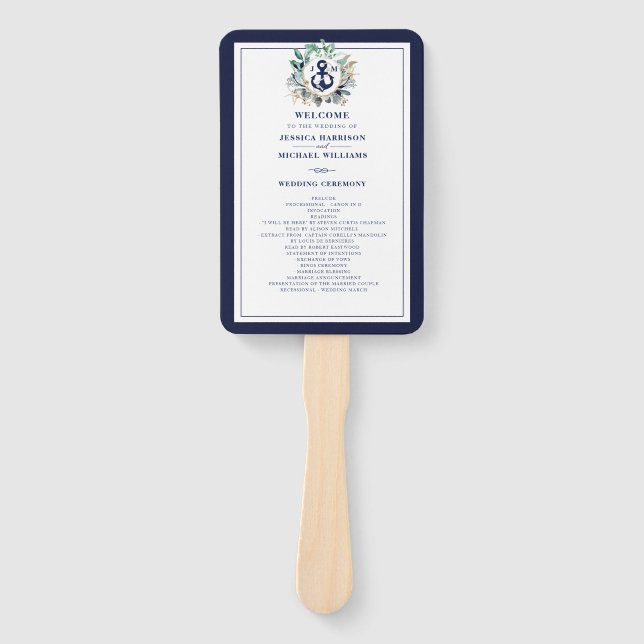 Anchor Monogram Greenery Wreath Navy Wedding Hand Fan (Front)