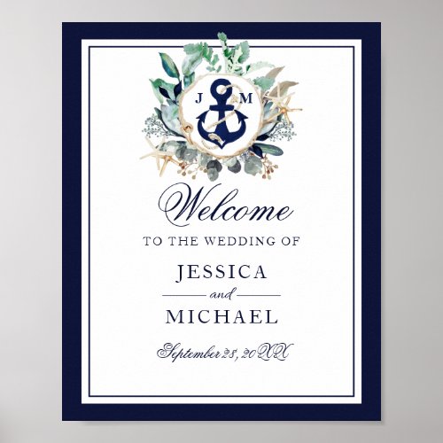 Anchor Monogram Greenery Wreath Wedding Welcome Poster