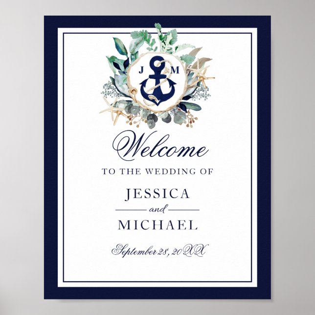 Anchor Monogram Greenery Wreath Wedding Welcome Poster (Front)