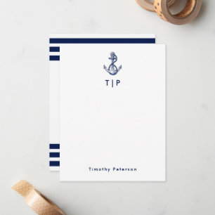 Anchor Monogram & Name Navy Blue & White Stripes Note Card