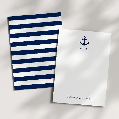 Anchor Monogram  Name Navy Blue  White Stripes Note Card