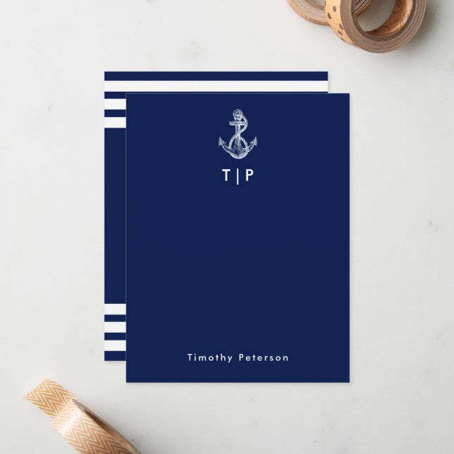 Anchor Monogram & Name Navy Blue & White Stripes Note Card (Front/Back In Situ)