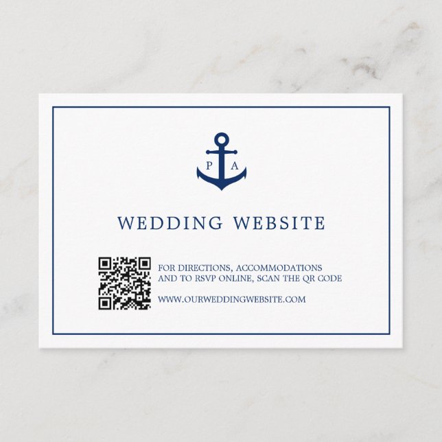 Anchor Monogram QR Code Nautical Website Wedding Enclosure Card (Front)