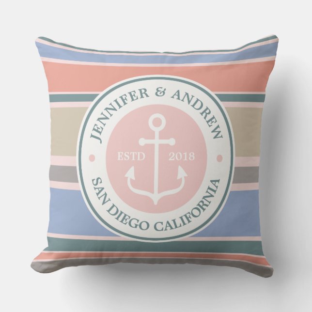 Anchor Monogram Trendy Stripes Pink Nautical Beach Outdoor Pillow (Front)