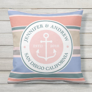 Anchor Monogram Trendy Stripes Pink Nautical Beach Outdoor Pillow