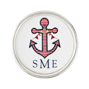 Anchor Monogram with Red Stripes & Bunting Banner Lapel Pin
