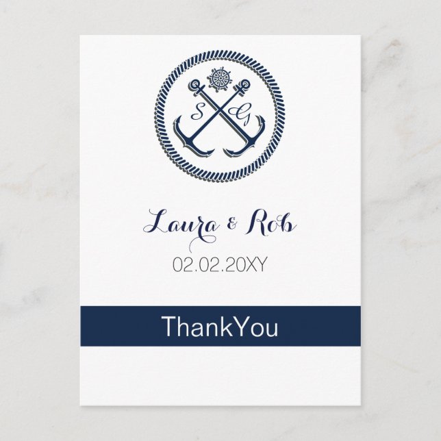 Anchor Monograms, Nautical Wedding Thank You cards (Front)
