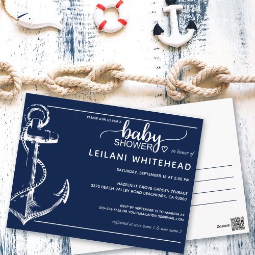 Anchor Nautical Baby Shower Invite Navy Postcard