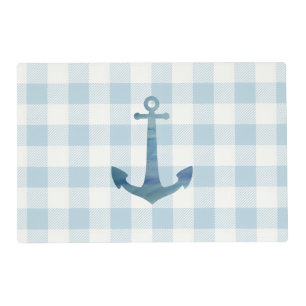 Anchor Nautical Blue Gingham Check Preppy Coastal Placemat