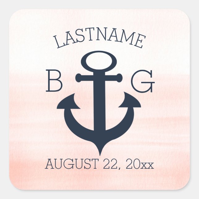 Anchor Nautical Blush and Navy Blue Monogram Square Sticker (Front)