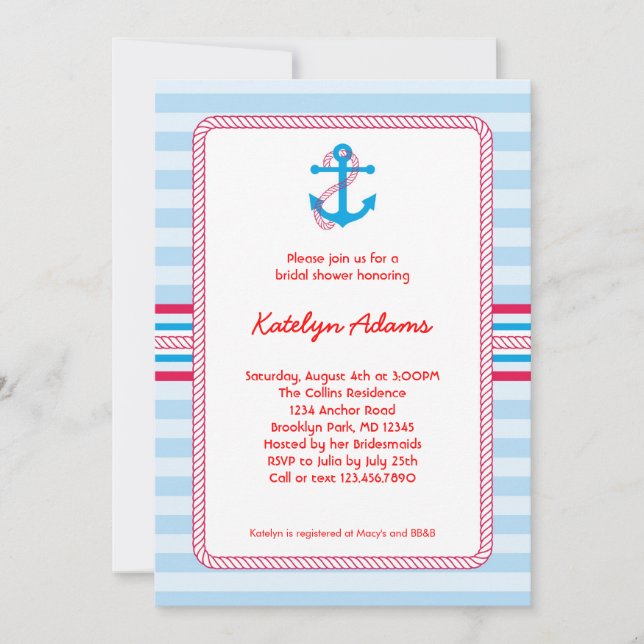 Anchor Nautical Bridal Shower Invitation (Front)