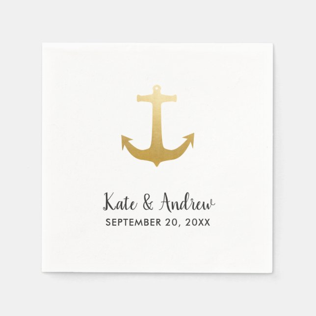 Anchor Nautical Faux Gold Foil | Ocean Wedding Napkins (Front)
