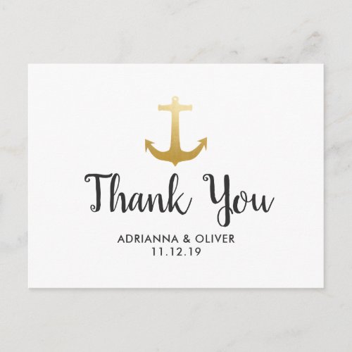 Anchor Nautical Faux Gold Foil  Wedding Thank You Postcard