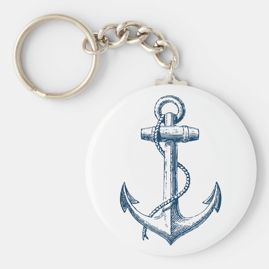 Anchor Nautical Keychain Key Gift Navy Blue White Zazzle