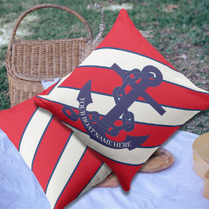 Anchor Nautical Marine Red StripeBeach House   Outdoor Pillow