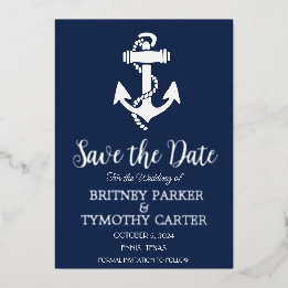 Anchor Nautical Navy Blue Modern QR Code Wedding Foil Invitation