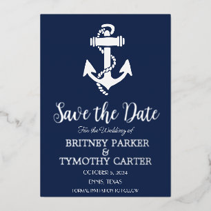 Anchor Nautical Navy Blue Modern QR Code Wedding Foil Invitation