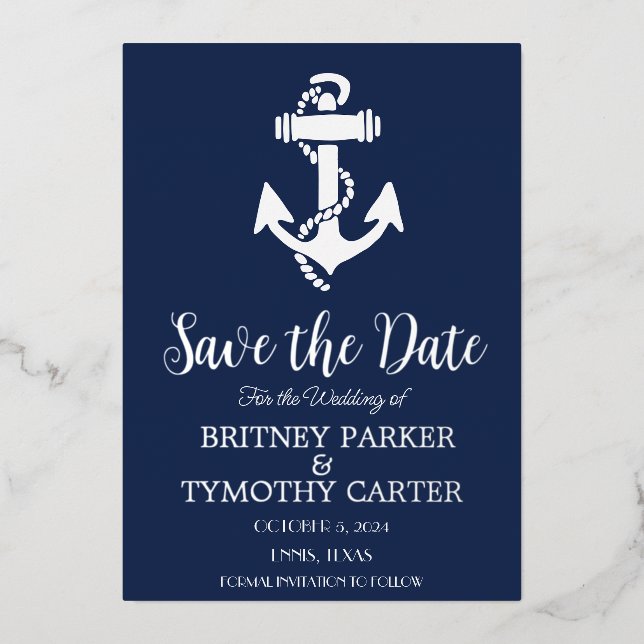 Anchor Nautical Navy Blue  Modern QR Code Wedding Foil Invitation (Front)