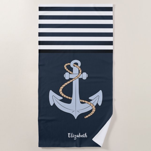 Anchor Nautical Navy Blue Striped   Beach Towel (Front)