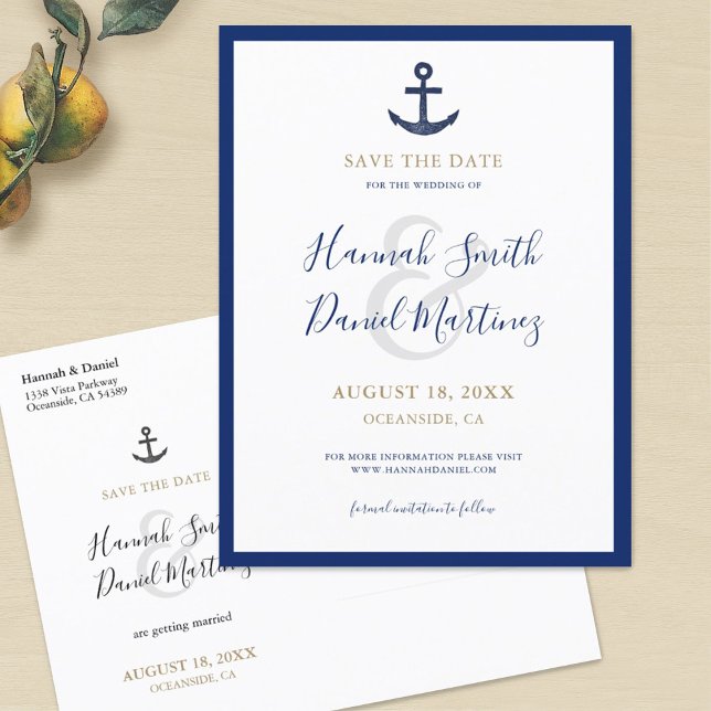 Anchor Nautical Navy Blue Wedding Save the Date Announcement Postcard (Creator Uploaded)