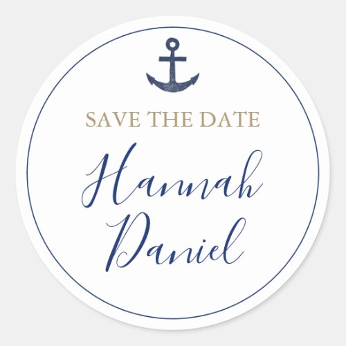 Anchor Nautical Navy Blue Wedding Save the Date Classic Round Sticker