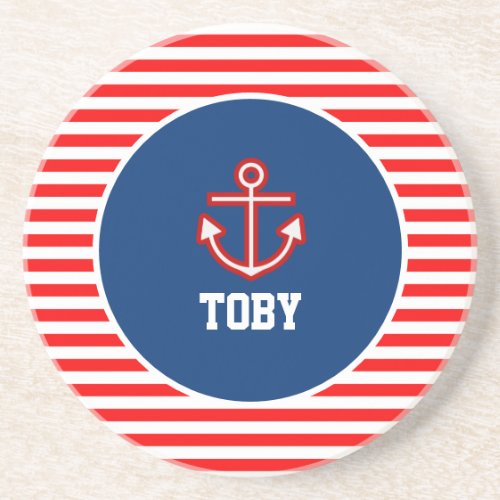 Anchor Nautical Navy Red and White Stripes Coaster