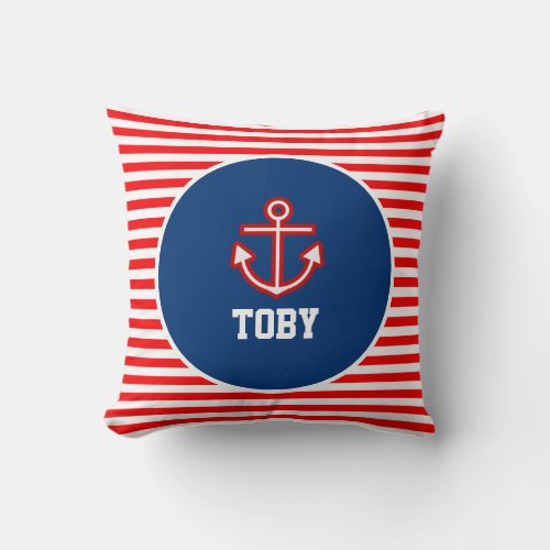Anchor Nautical Navy Red and White Stripes Throw Pillow