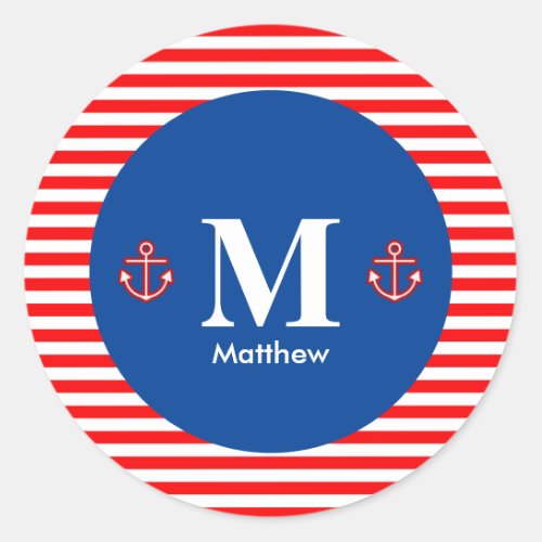 Anchor Nautical Navy Red White Stripes Pattern Classic Round Sticker