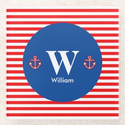 Anchor Nautical Navy Red White Stripes Pattern Glass Coaster