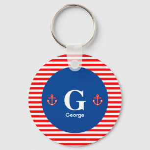 Anchor Nautical Navy Red White Stripes Pattern Keychain