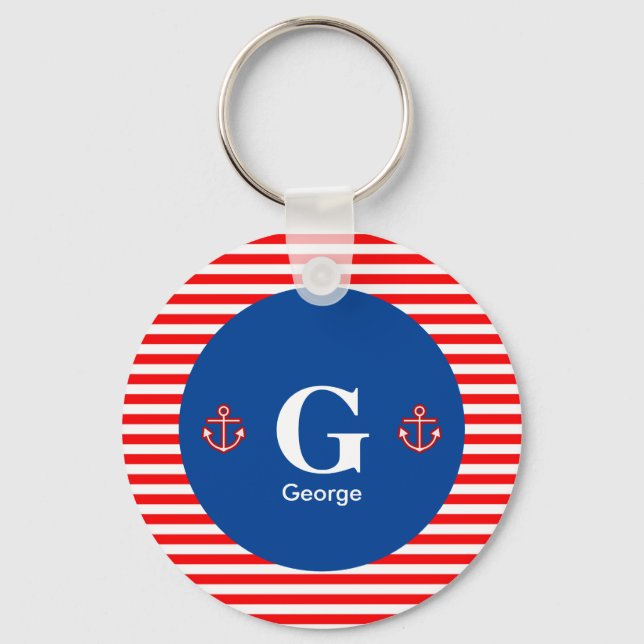 Anchor Nautical Navy Red White Stripes Pattern Keychain (Front)