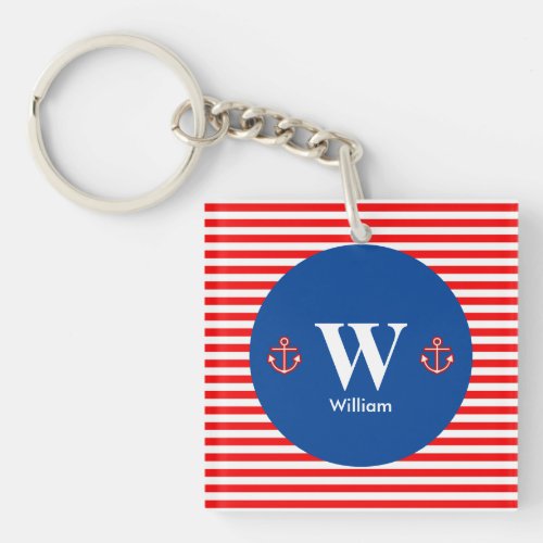 Anchor Nautical Navy Red White Stripes Pattern Keychain