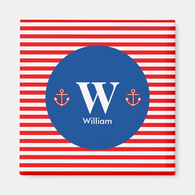 Anchor Nautical Navy Red White Stripes Pattern Magnet (Front)