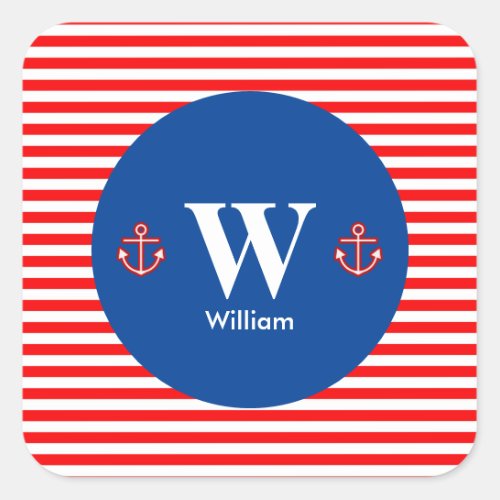 Anchor Nautical Navy Red White Stripes Pattern Square Sticker