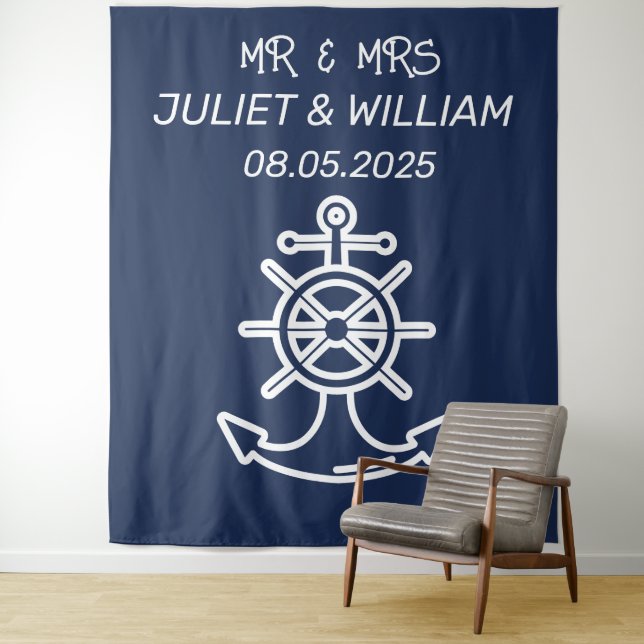Anchor Nautical Navy Wedding Backdrop banner (In Situ)