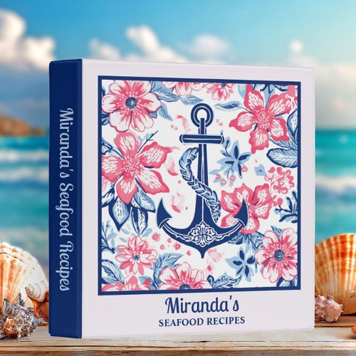 Anchor Nautical Pink Blue White Seafood Recipes 3 Ring Binder