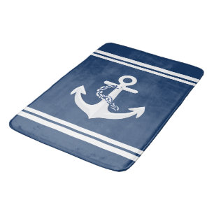 Anchor Nautical Sailing Boating White Navy Blue Bath Mat