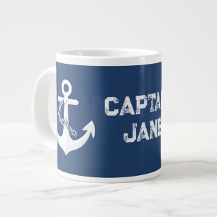 Anchor Nautical Sailing Boating White Navy Blue Giant Coffee Mug