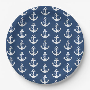 Anchor Nautical Sailing Boating White Navy Blue Paper Plates