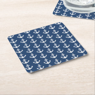 Anchor Nautical Sailing Boating White Navy Blue Square Paper Coaster