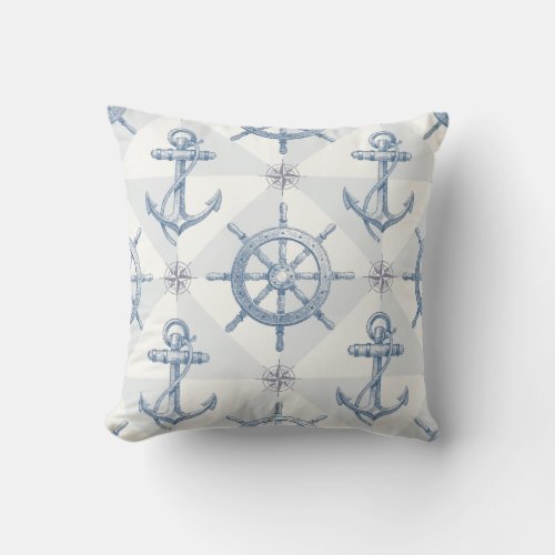 Anchor Nautical Sailing Ships Wheel Hand Drawn Throw Pillow