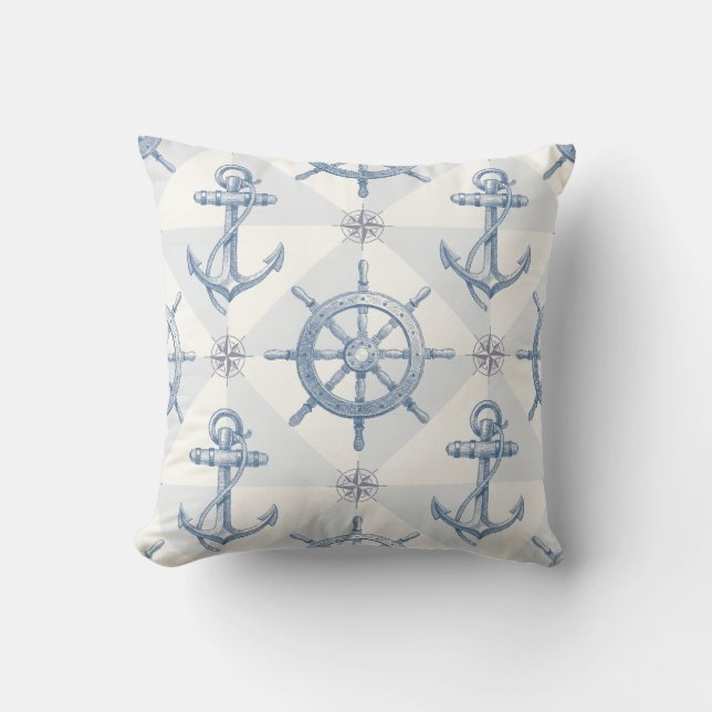 Anchor Nautical Sailing Ships Wheel Hand Drawn Throw Pillow (Front)