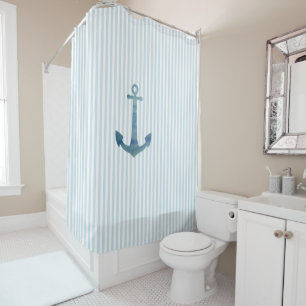 Anchor Nautical Stripe Pattern Coastal Shower Curtain