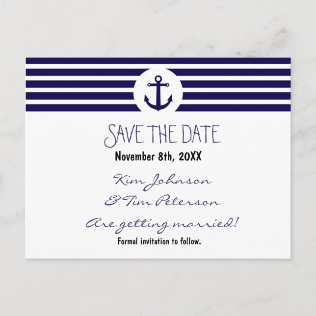 Anchor Nautical Striped Postcard Save The Date (Front)