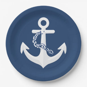 Anchor Nautical Symbol Classic White Navy Blue Paper Plates