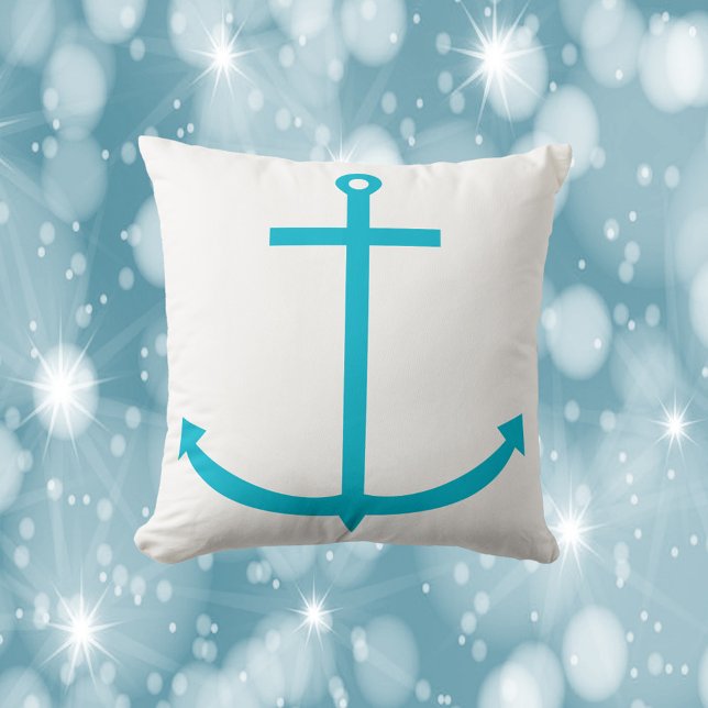 Anchor Nautical Turquoise Blue Throw Pillow (A throw pillow with a turquoise boat anchor)
