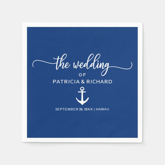Anchor Nautical Wedding Navy Blue and White Napkins (Front)